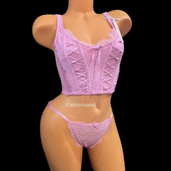 Victorias Secret Dream Angels Lace-up Corset Top Bra & String Bikini Set Pink - Picture 3 of 6